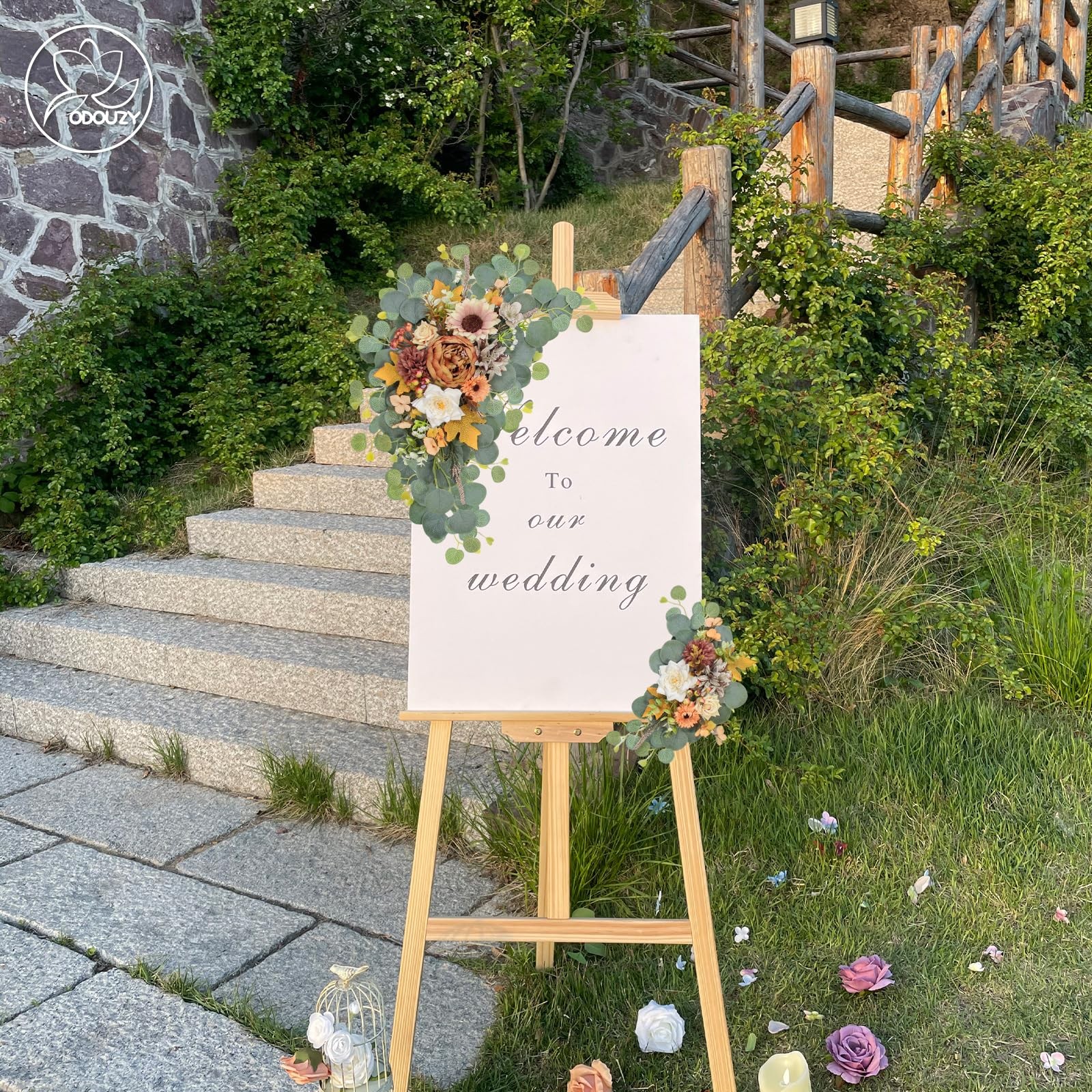 2 PCS Artificial Wedding Arch Flowers Sign Faux Floral Swags Coffee Orange