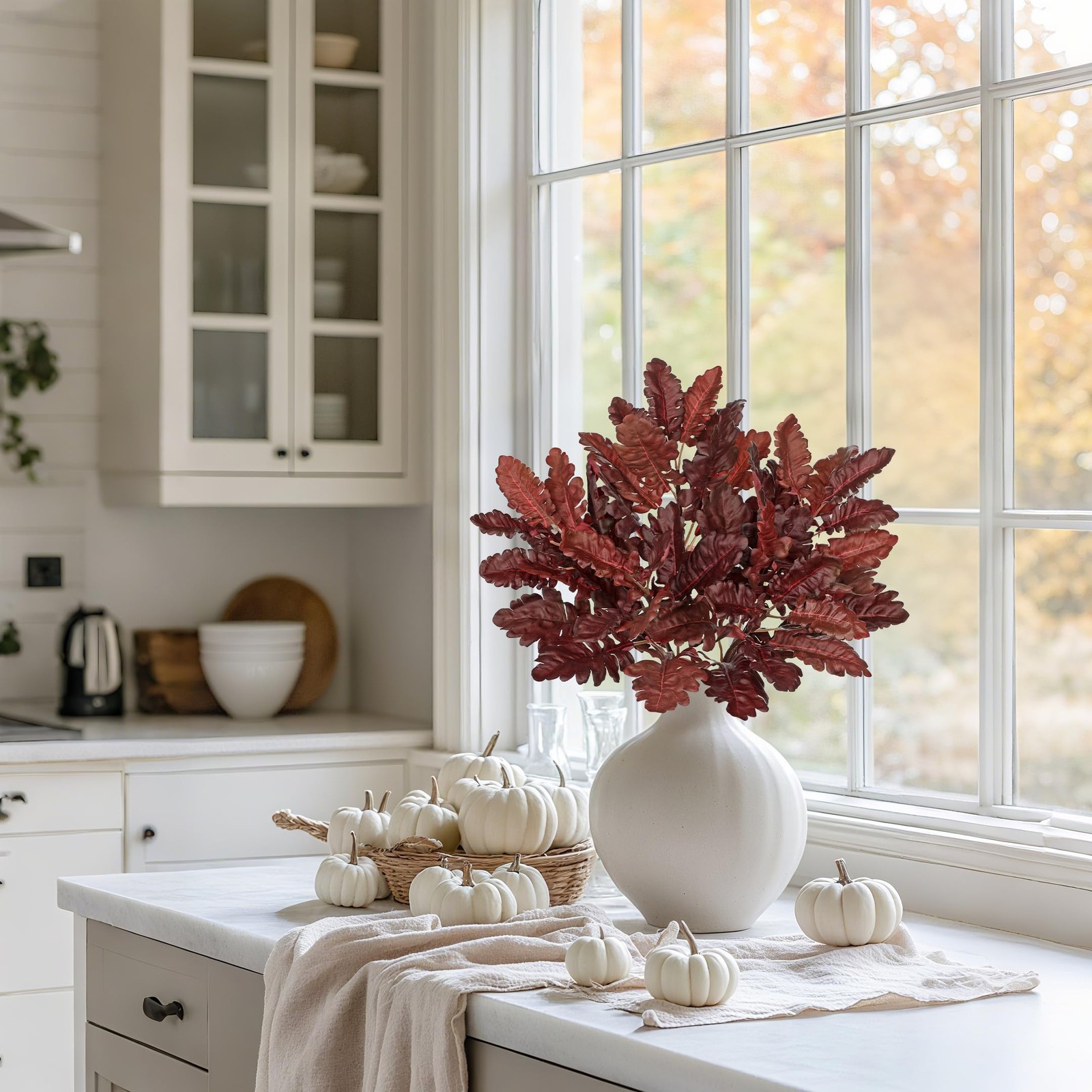 Faux Oak Leaf Branches 5 Pcs Fall Leaf Stems for Vases, 18″ Burgundy Fall Ste…
