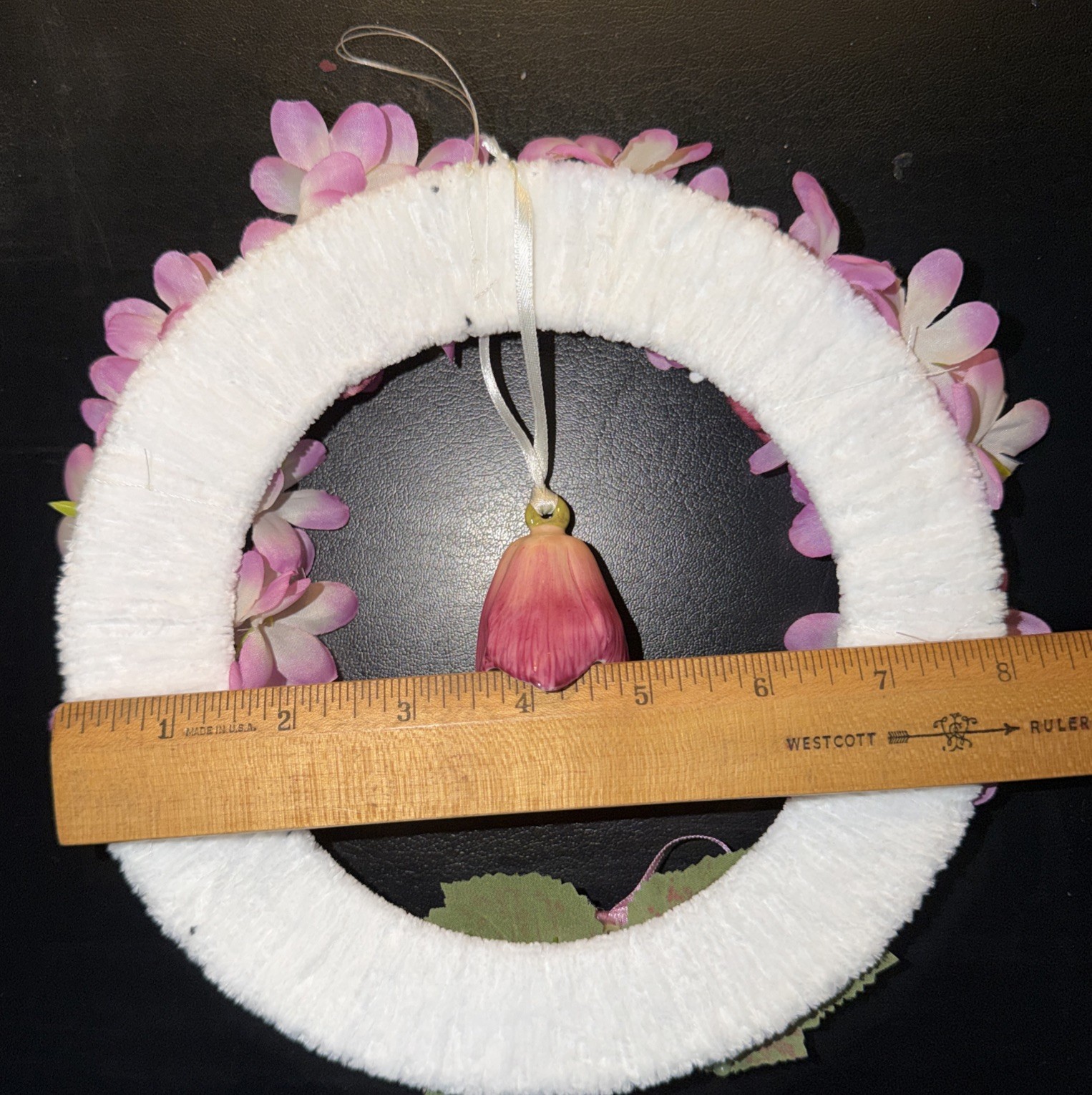 Pink Cherry Blossom Silk Floral Wreath W/Bell-Shaped Dangle Ceramic Flower Cheni