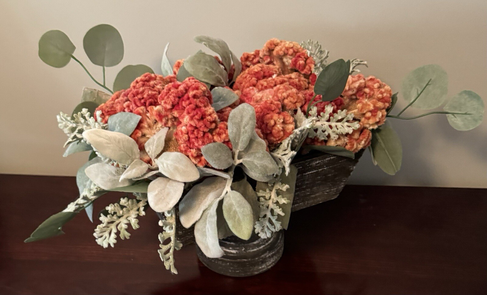 Orange Dried Floral Centerpiece Decor & Faux Green Leaves Metal Base Wooden Box