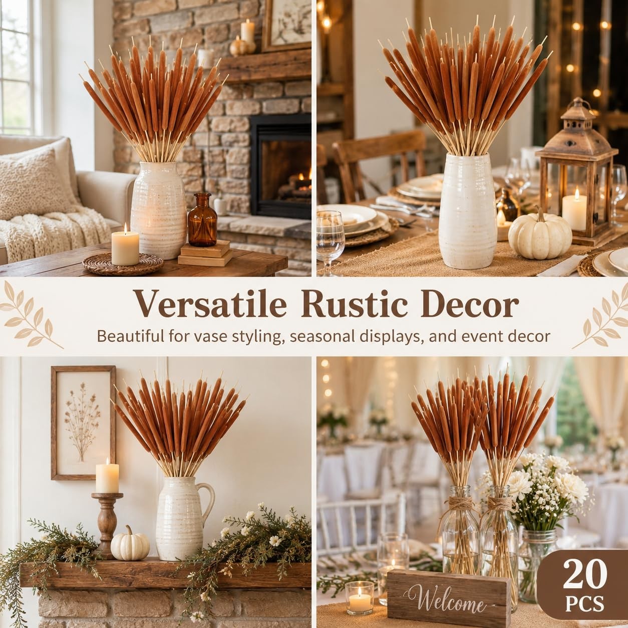 20PCS Dried Natural Cattails Stems 17″ Real Brown Bulrush Reed Grass for Vase…
