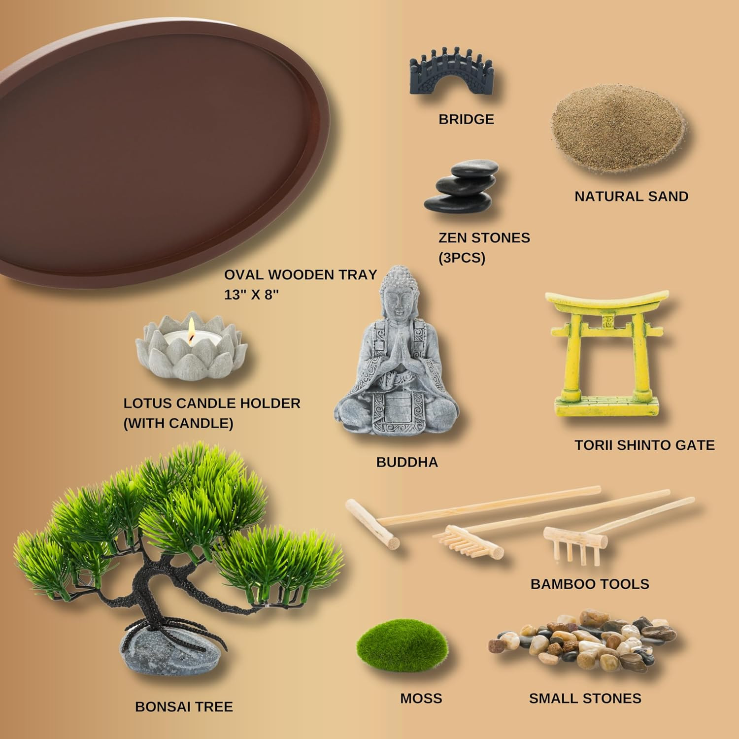 Zen Garden for Desk 13X8In – Japanese Decor with Buddha, Artificial Bonsai
