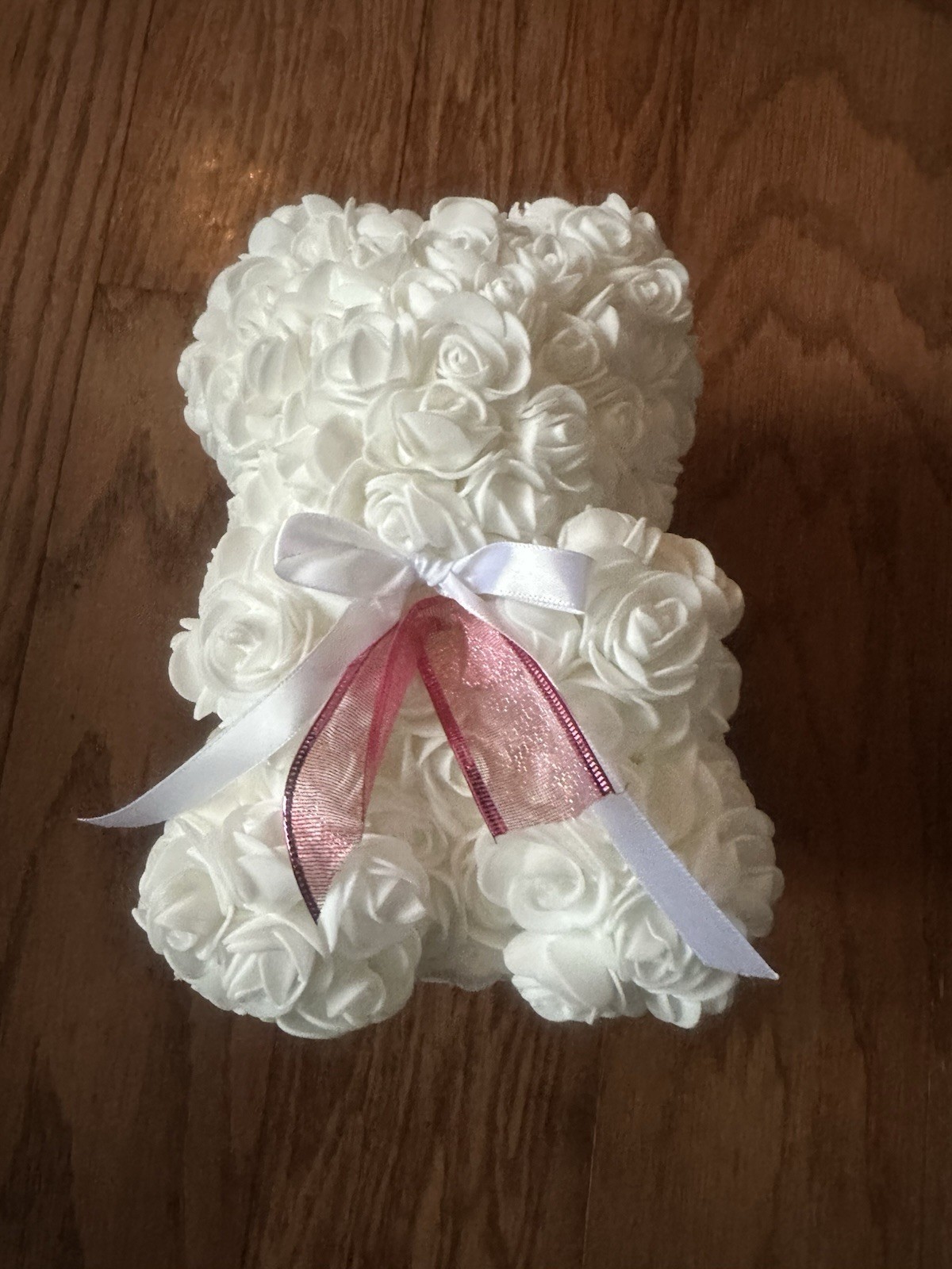 Floral Romantic Rose Teddy Bear, 9.5”~Pink,Purple,OR White Satin Bow,White Roses