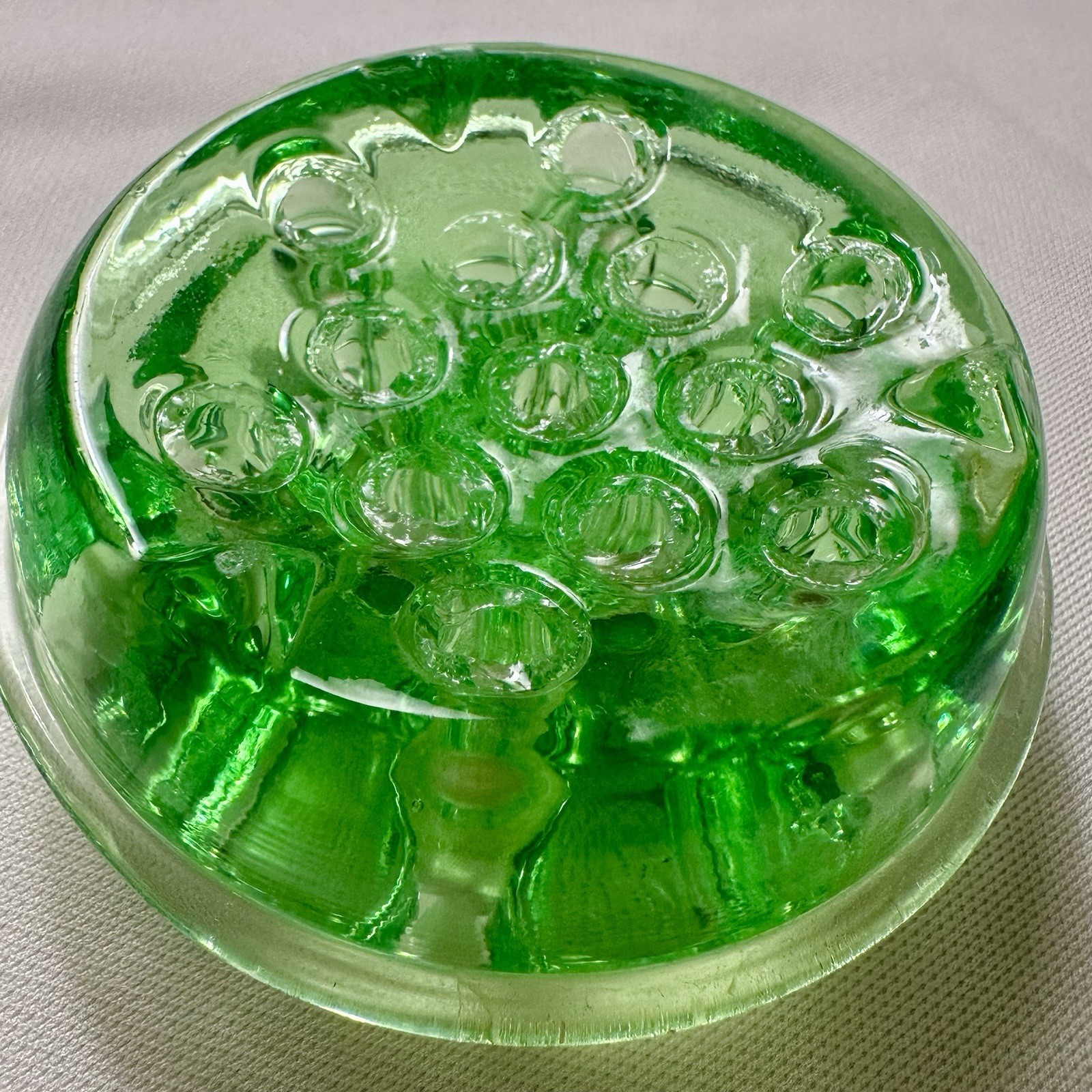 Vintage Vaseline Uranium Glass 13 holes 4 Inch Flower Frog UV Glows Green