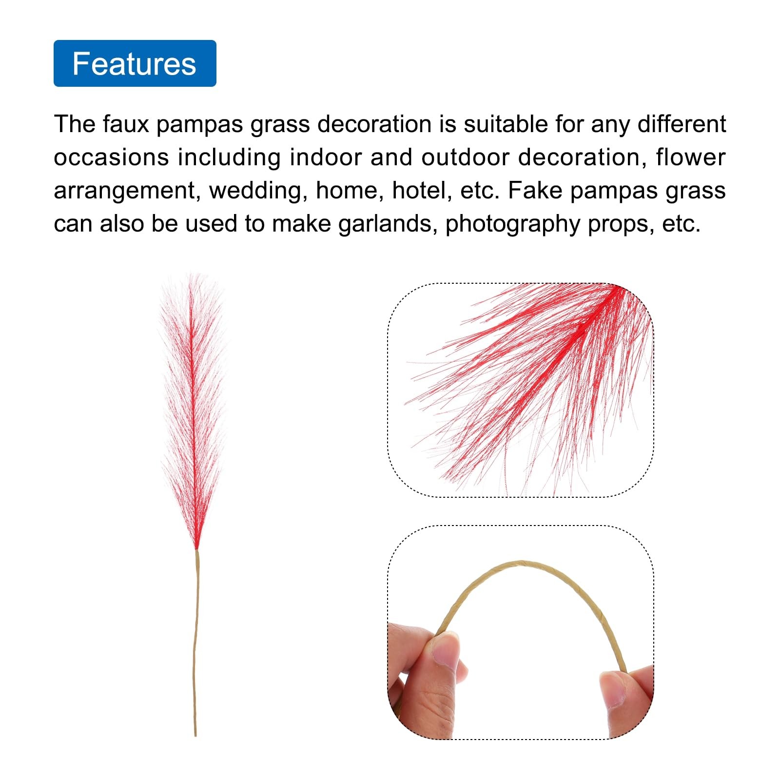 30 PCS Faux Pampas Grass 21 Inch Fluffy Fake Artificial Decor Red Vase