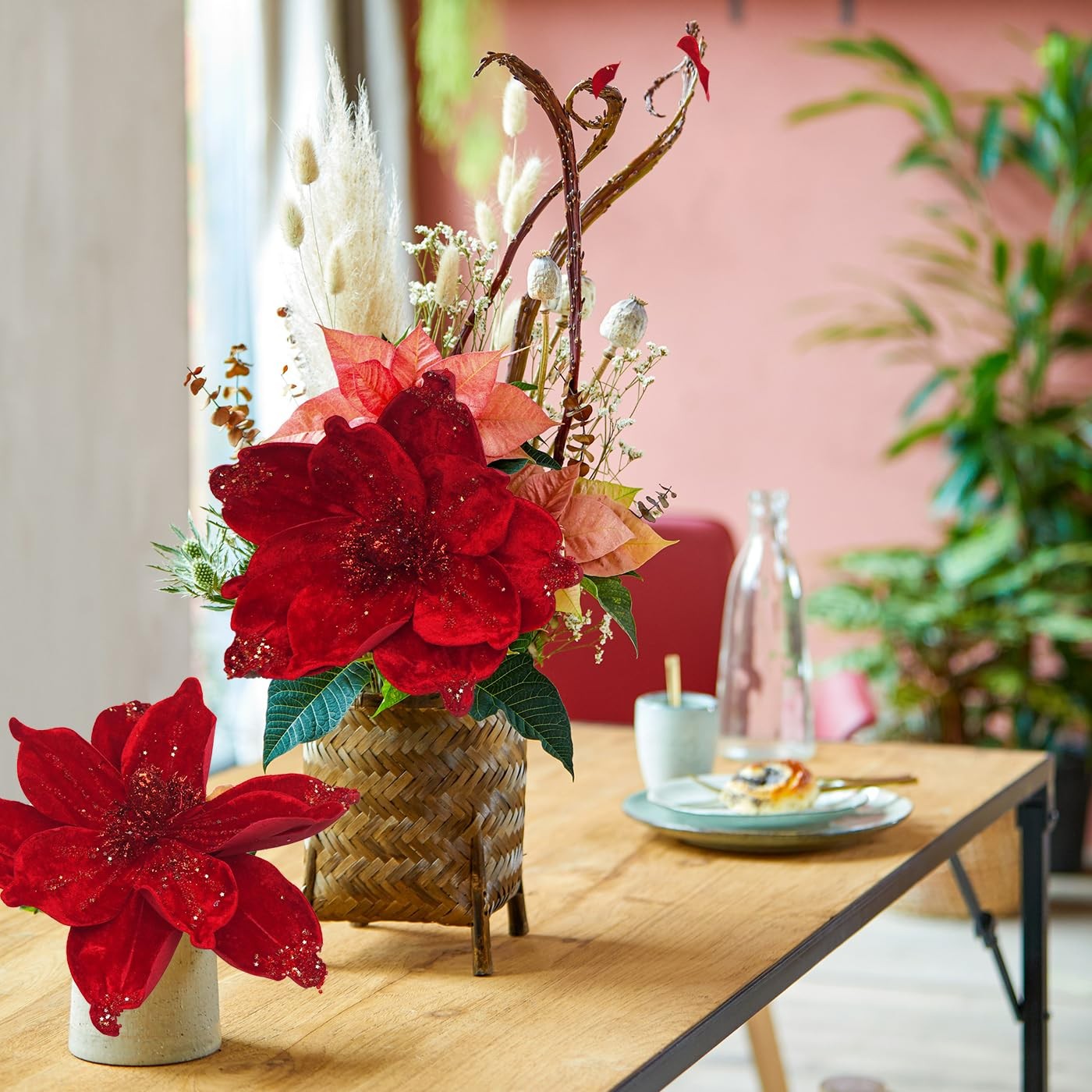 Magnolia Glitter Flowers 6PCS Single Stem Christmas Flowers for Home Table Fe…