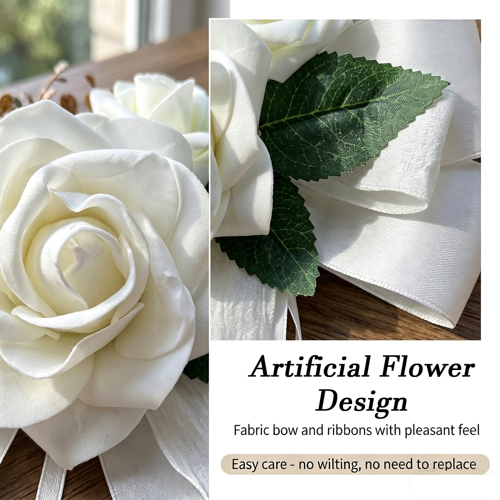 4 PCS Elegant White Artificial Flower Bow Set, Car Decoration for Wedding Doo…