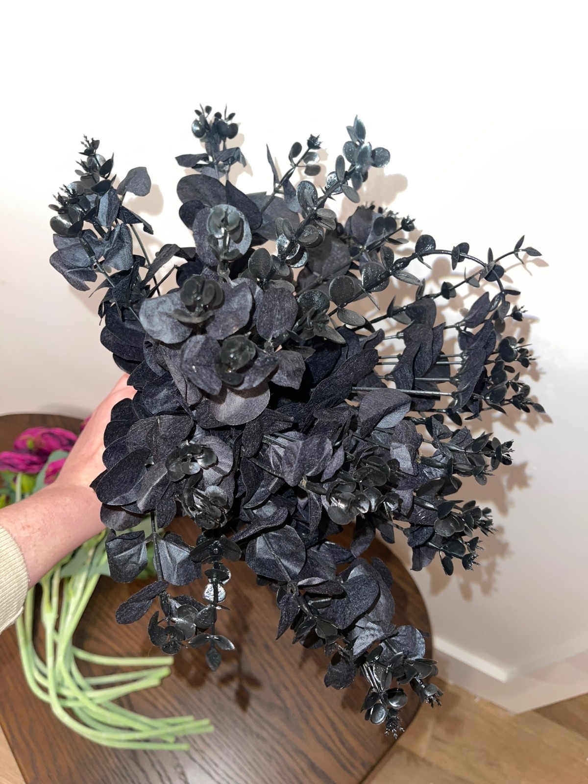 Black Eucalyptus Foliage + Purple Ranunculus Flower Bundle | Gothic Decor