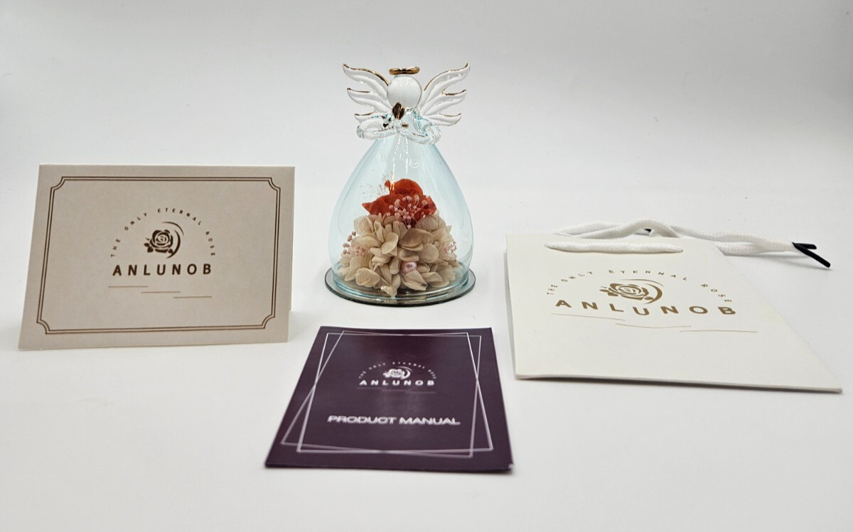 Anlunob Preserved Rose with Flowers in Glass Angel -R0066