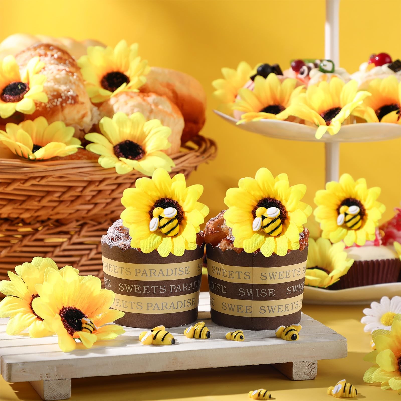 110 PCS 2.76 Sunflowers, Artificial Heads, Tiny Craft Bees, DIY, Wall Decor