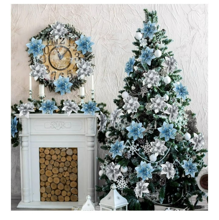glitter poinsettia blue/green silvery white 30pcs