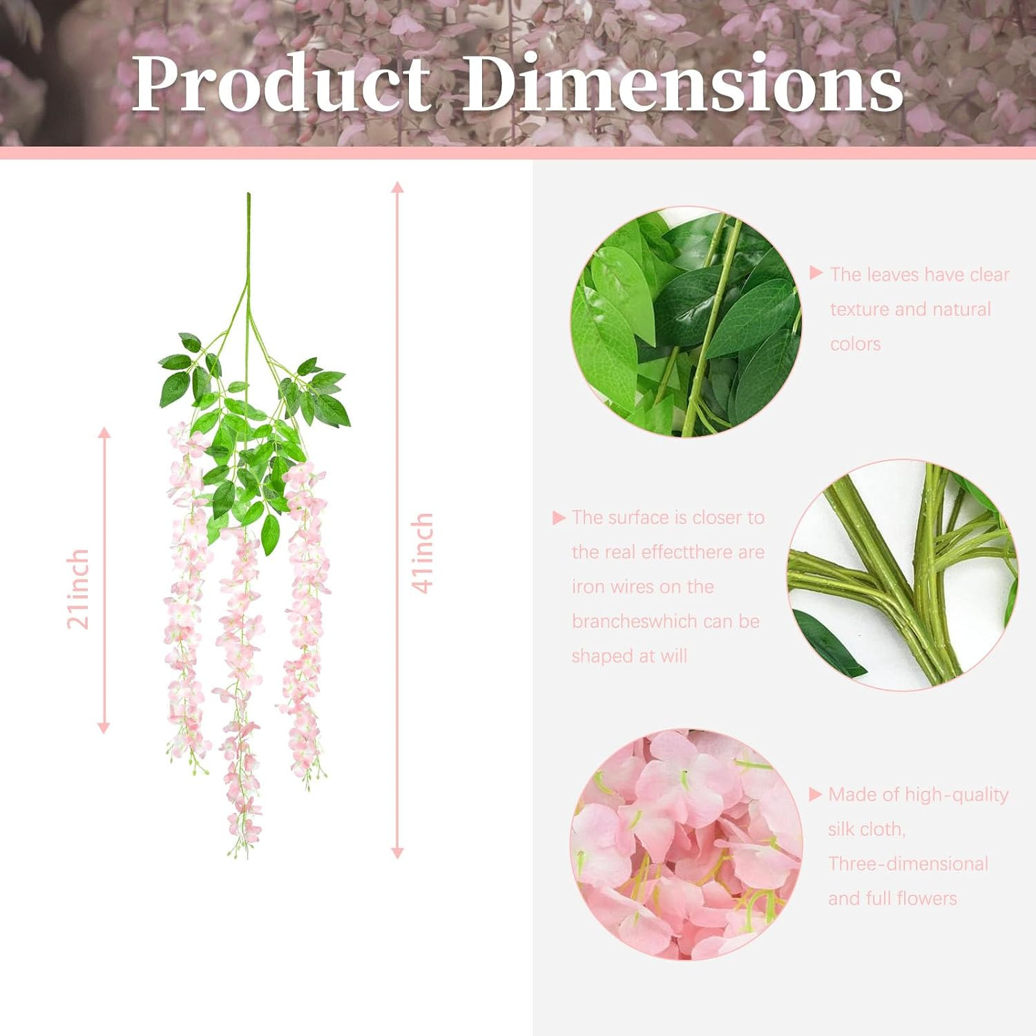 36 Pack Light Pink Wisteria Hanging Flowers, 3.44 Ft Fake Hanging Flowers, Artif