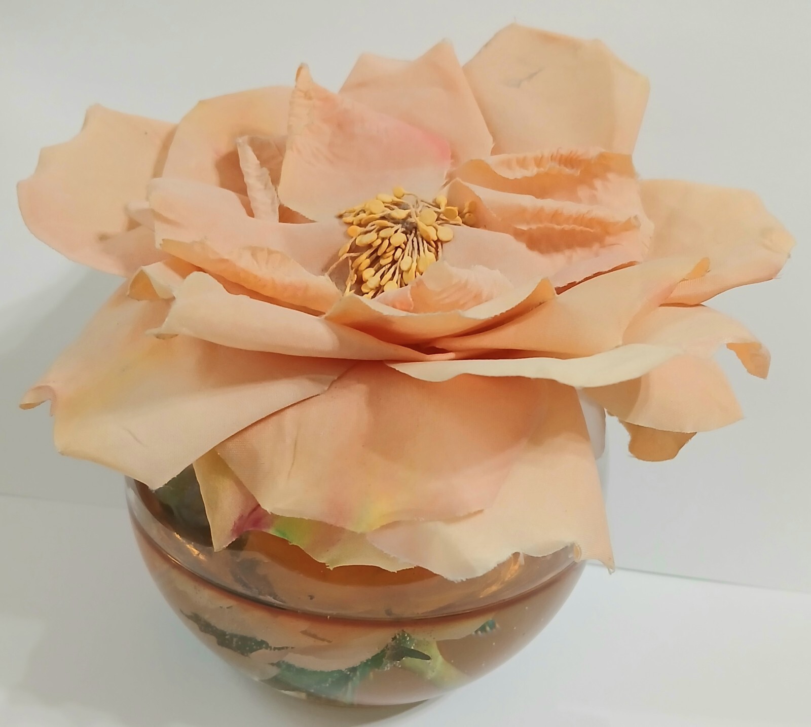 Vintage Peach Color Silk Flower Artificial  w/ Resin in Glass Bowl 5″