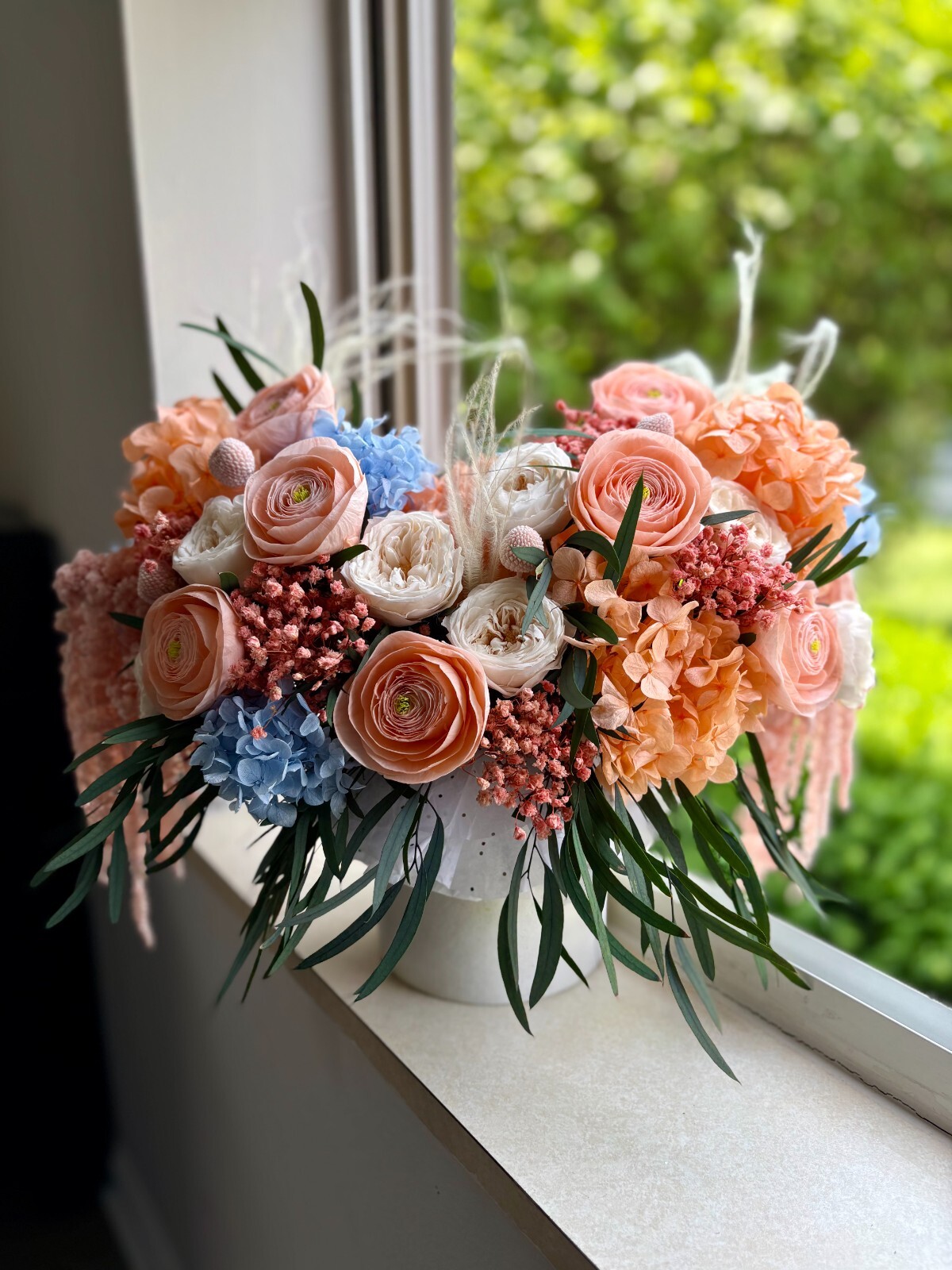 Preserved Flower Arrangement, Peach Blue Boho Centerpiece, Long Lasting Bouquet