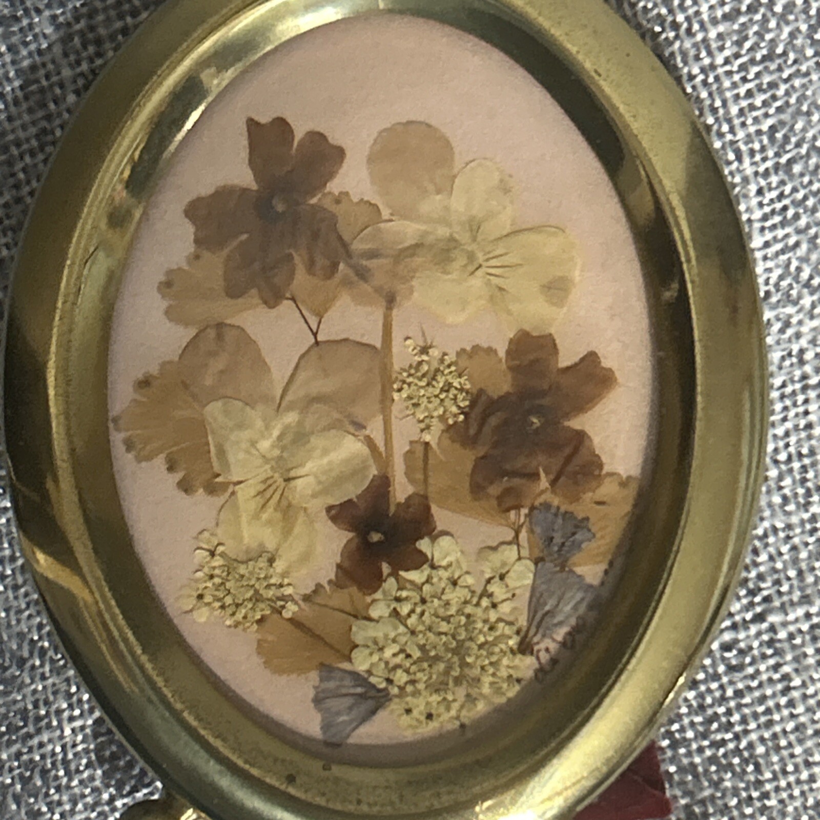 Beautiful Vintage Pressed Florals in a 4″ Tall Gold Tone Oval Frame