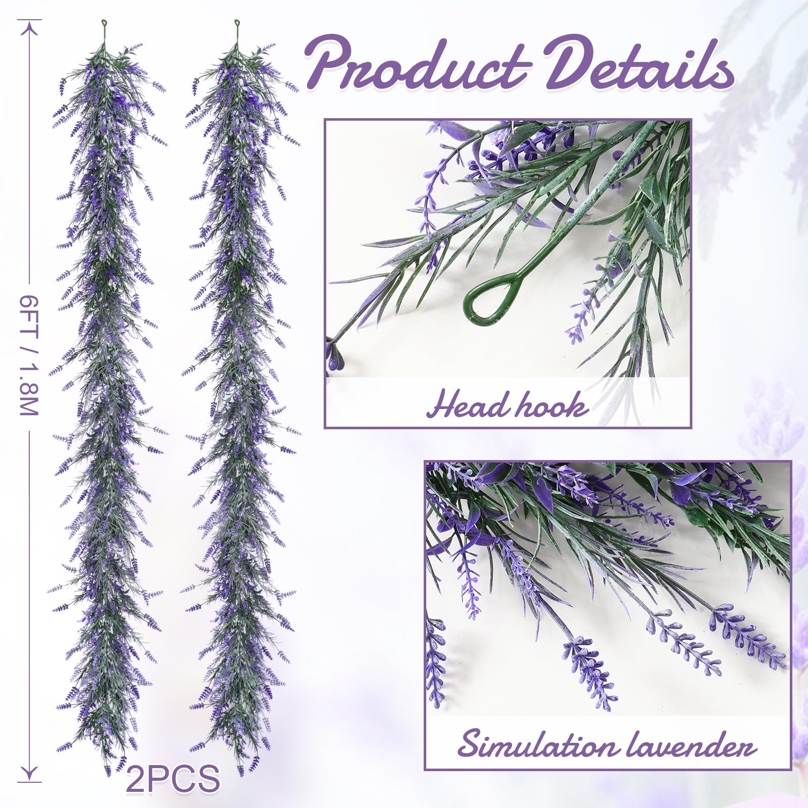 6FT 2PCS Spring Summer Lavender Garland Artificial Purple Flower Garlands Fau…