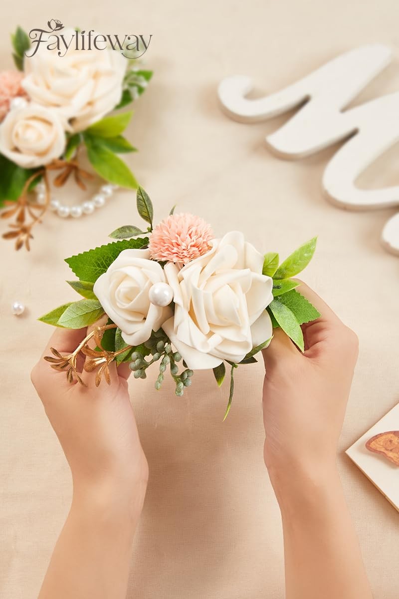 2 PCS White Rose Boutonniere Wrist Corsages Wedding Prom Corsage Wristlet