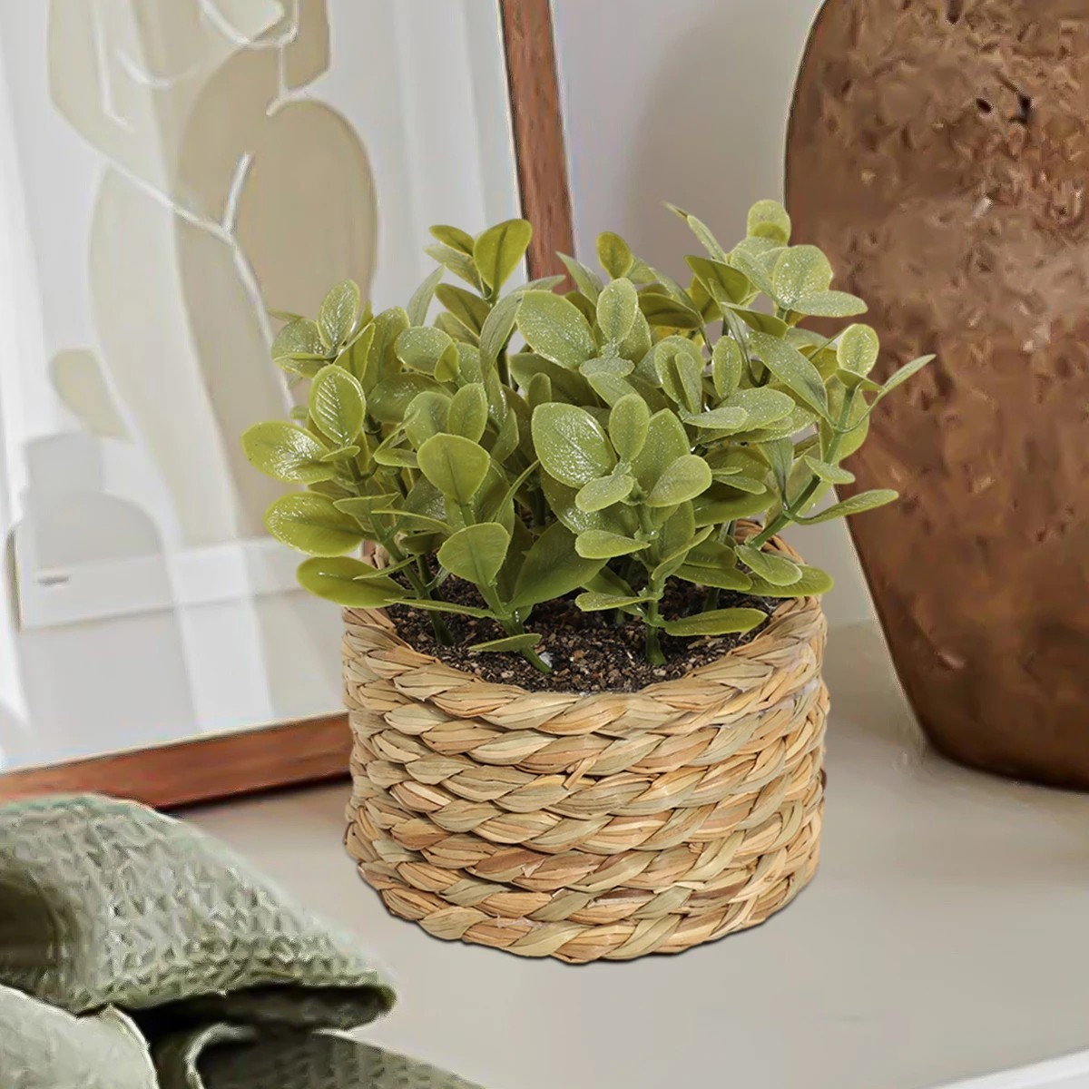 FLOWER 11CM Artificial Eucalyptus Grass Potted Plant– Mini Faux Green Desk Decor