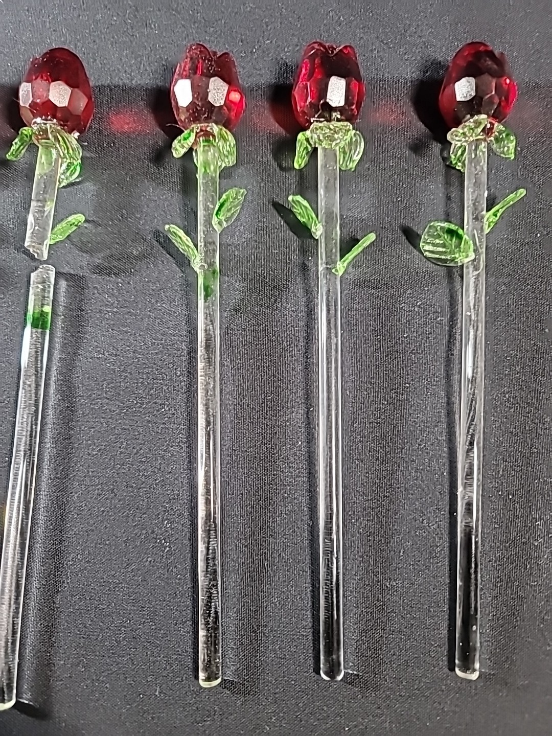 Lot of 6 Crystal Glass Red Rose Clear Green Stem 8” One Broken Piece 4 Repair