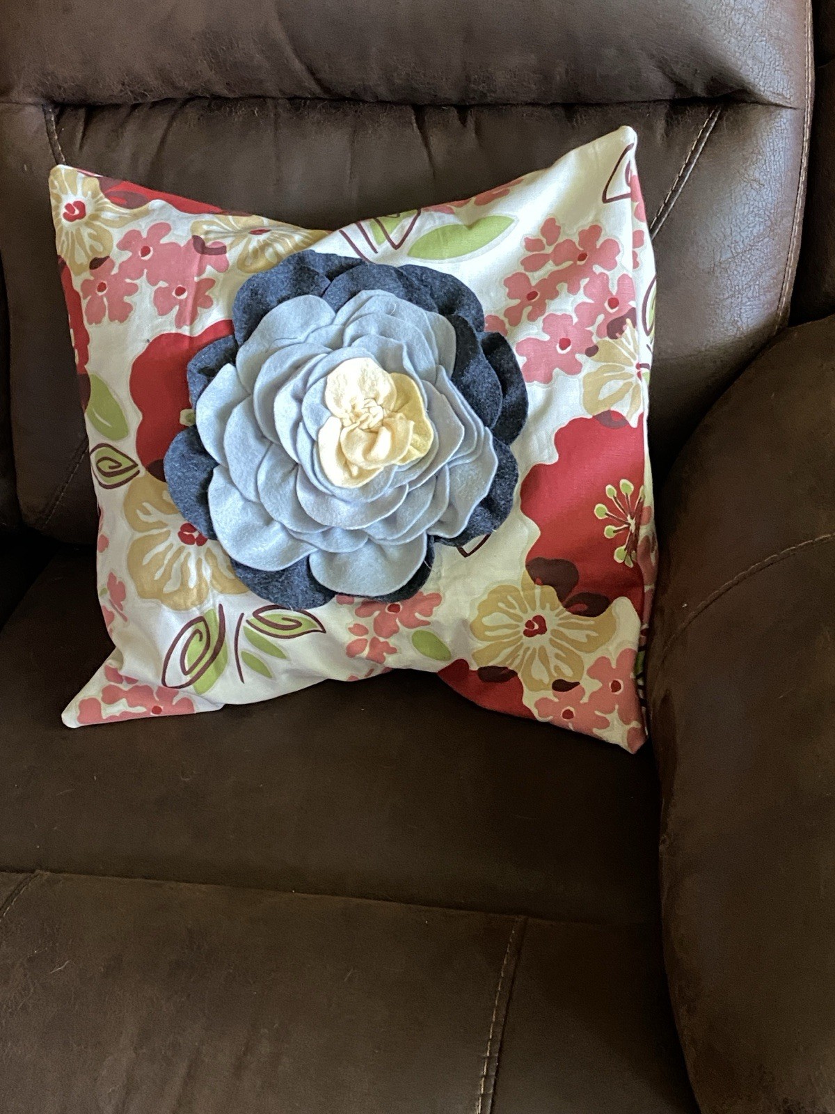 Floral Decorative Throw Pillow with Blue Flower Accent