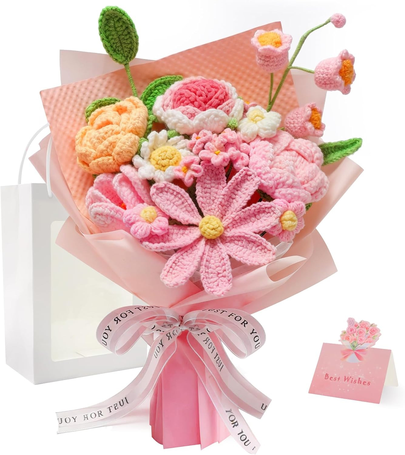 Crochet Flower Bouquet Pink, Handmade Knitted Floral, Crochet Tulips Galsang Flo