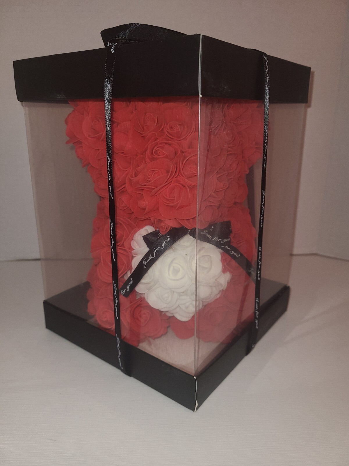 Artificial Rose Teddy Bear with Gift Box | Red/White Rose Bear 10in NEW