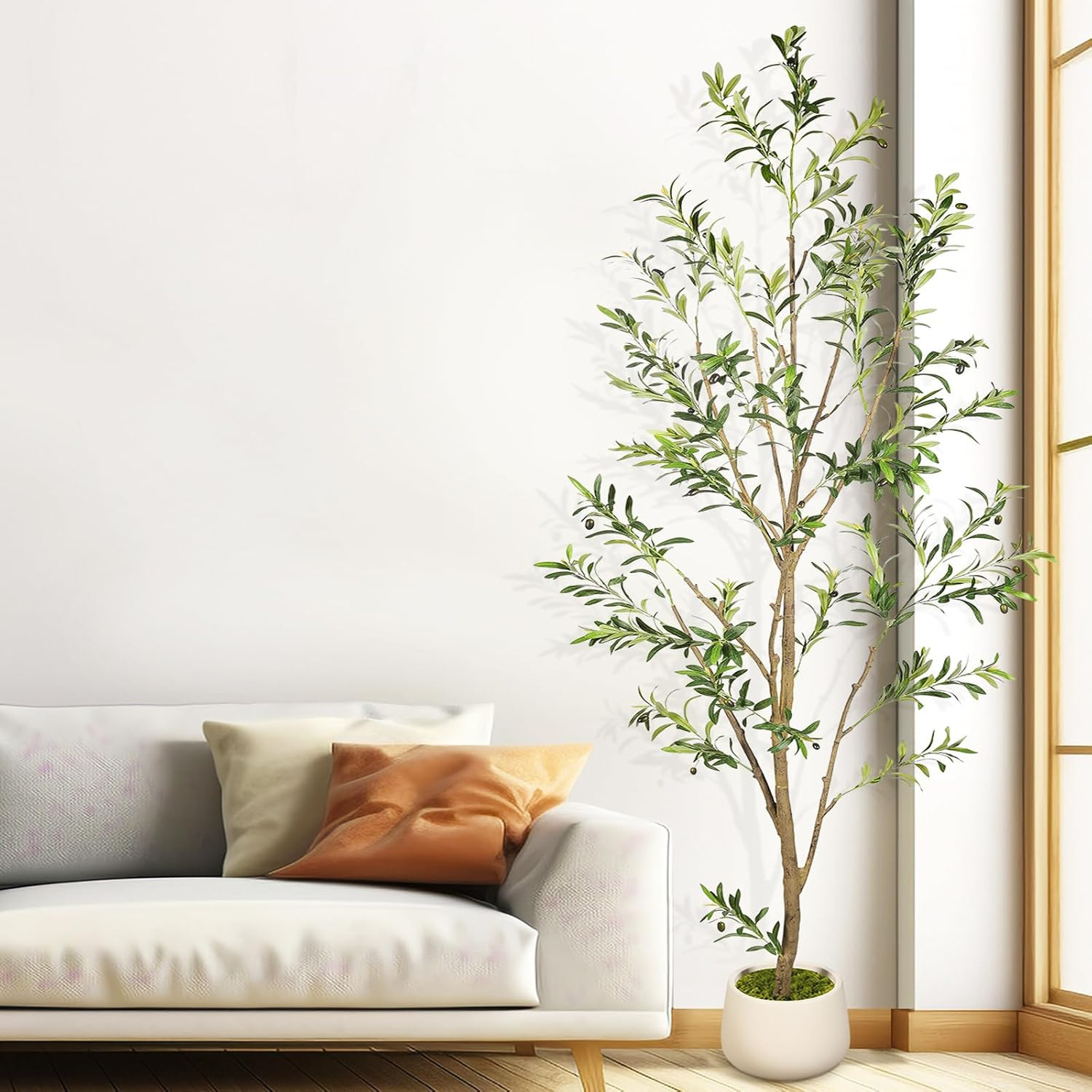 9FT Tall Faux Olive Tree with White Planter – Lifelike Indoor Decor