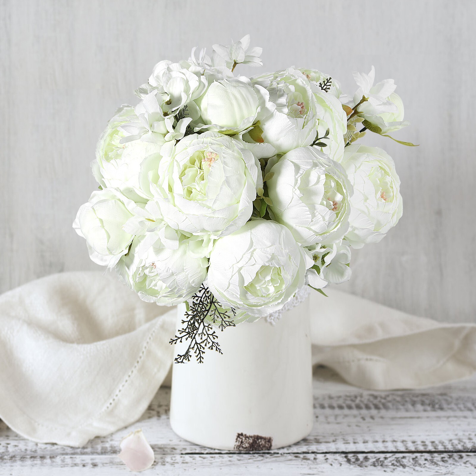 EZFLOWERY Artificial Peony Silk Flowers Arrangement Bouquet for Wedding – White