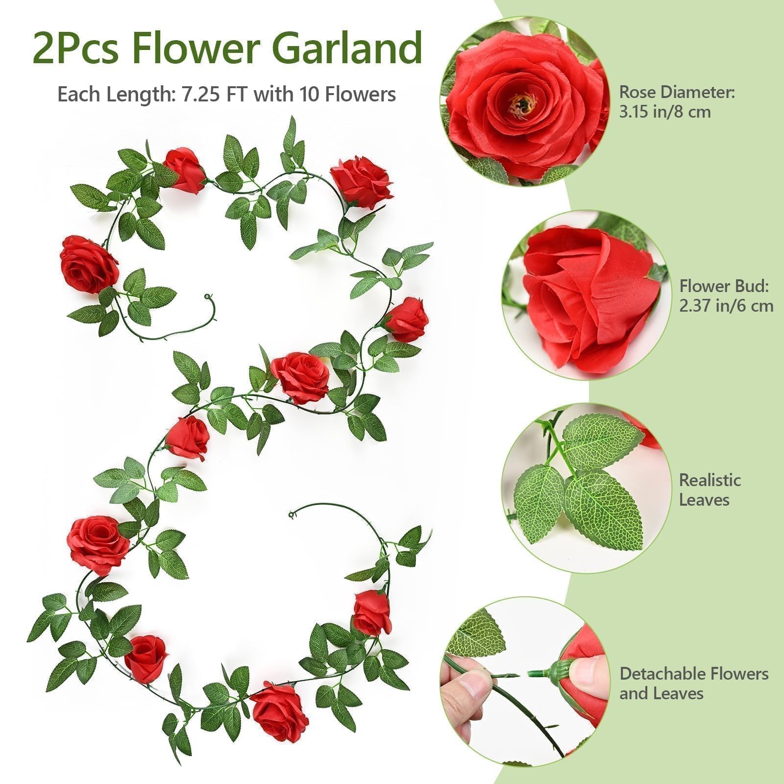 2Pcs 14.5FT Artificial Flower Garland with 10 Roses, Fake Silk Rose Hanging F…