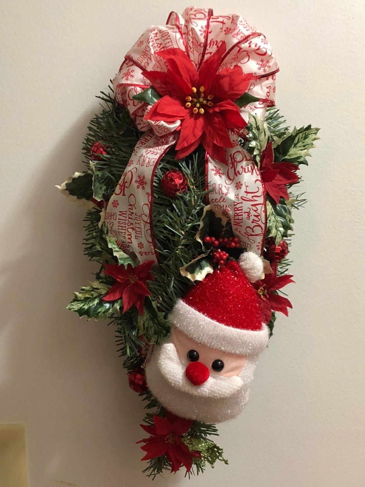 Christmas Tear Drop Door Swag Wreath Santa Poinsettia Red Bow Holly berries
