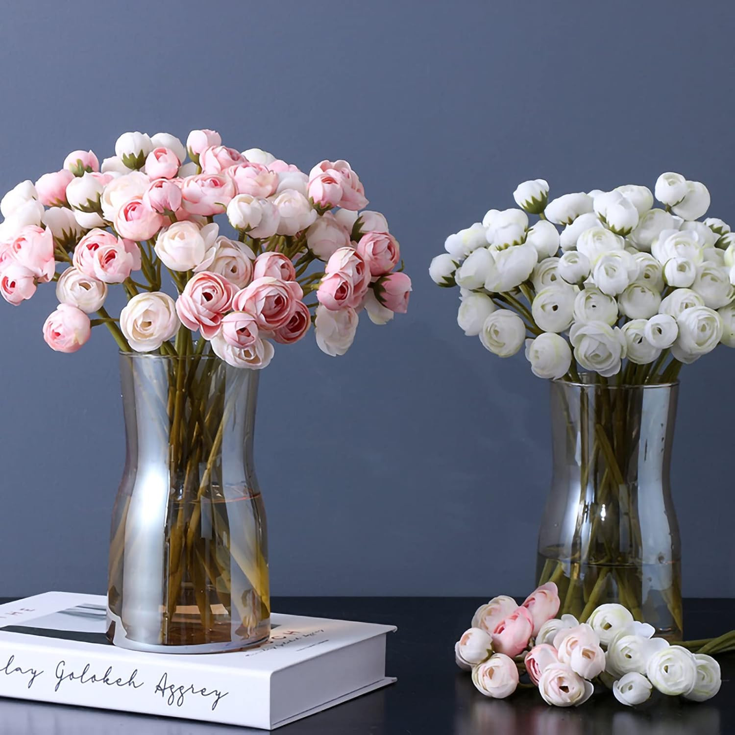 18 Pcs Artificial Silk Rose Flowers Ranunculus Bouquet Fake Pink Peony for Home