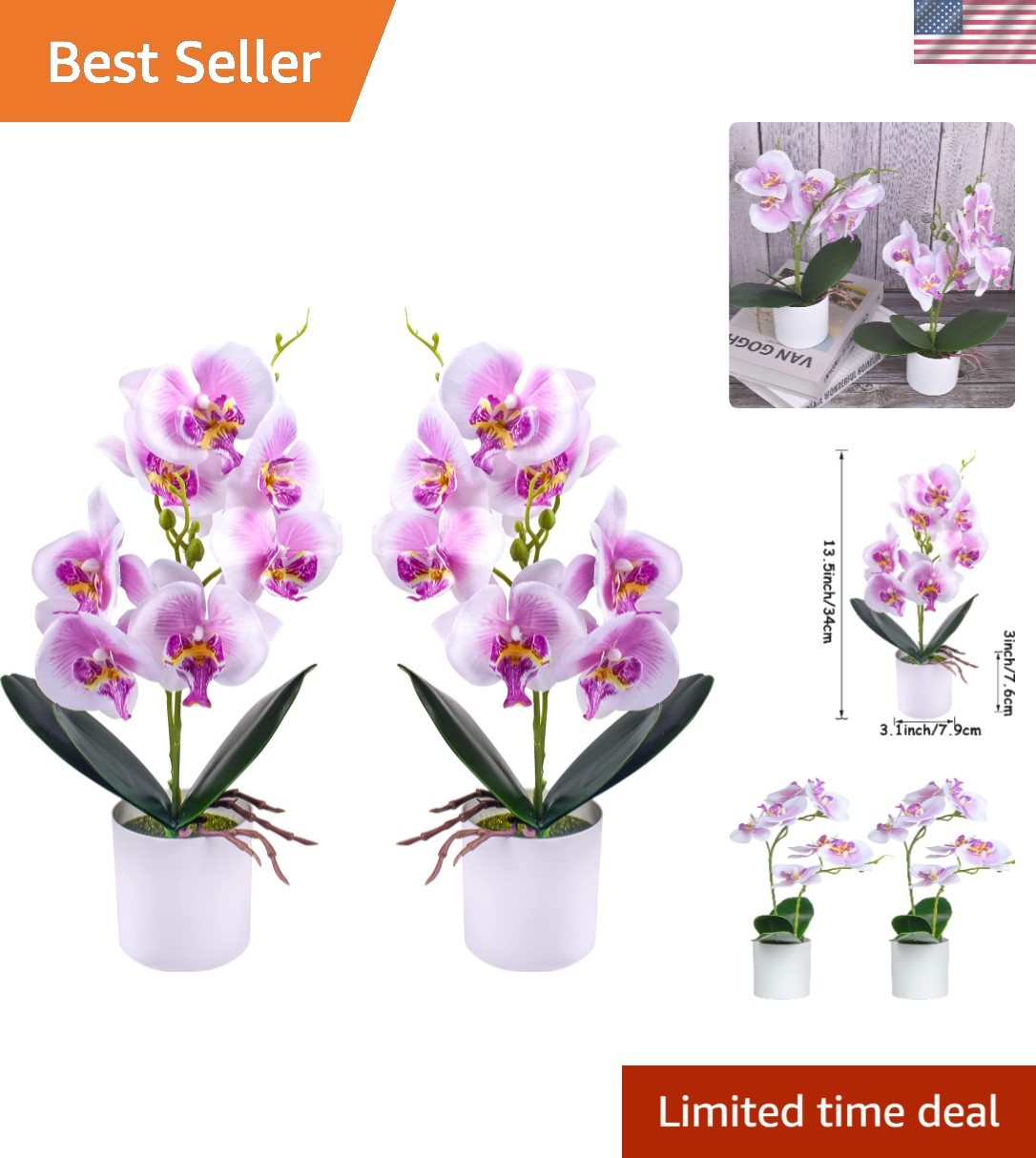2-Piece Set of Flexible Silk Orchids in Round Plastic Vases – Versatile Decor