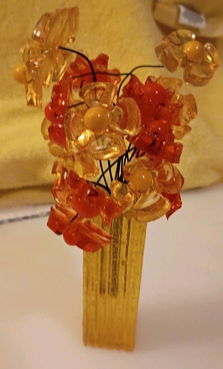 Colorflo 1960/70s Lucite Acrylic Mod Orange/Yellow Flowers In Lucite Vase