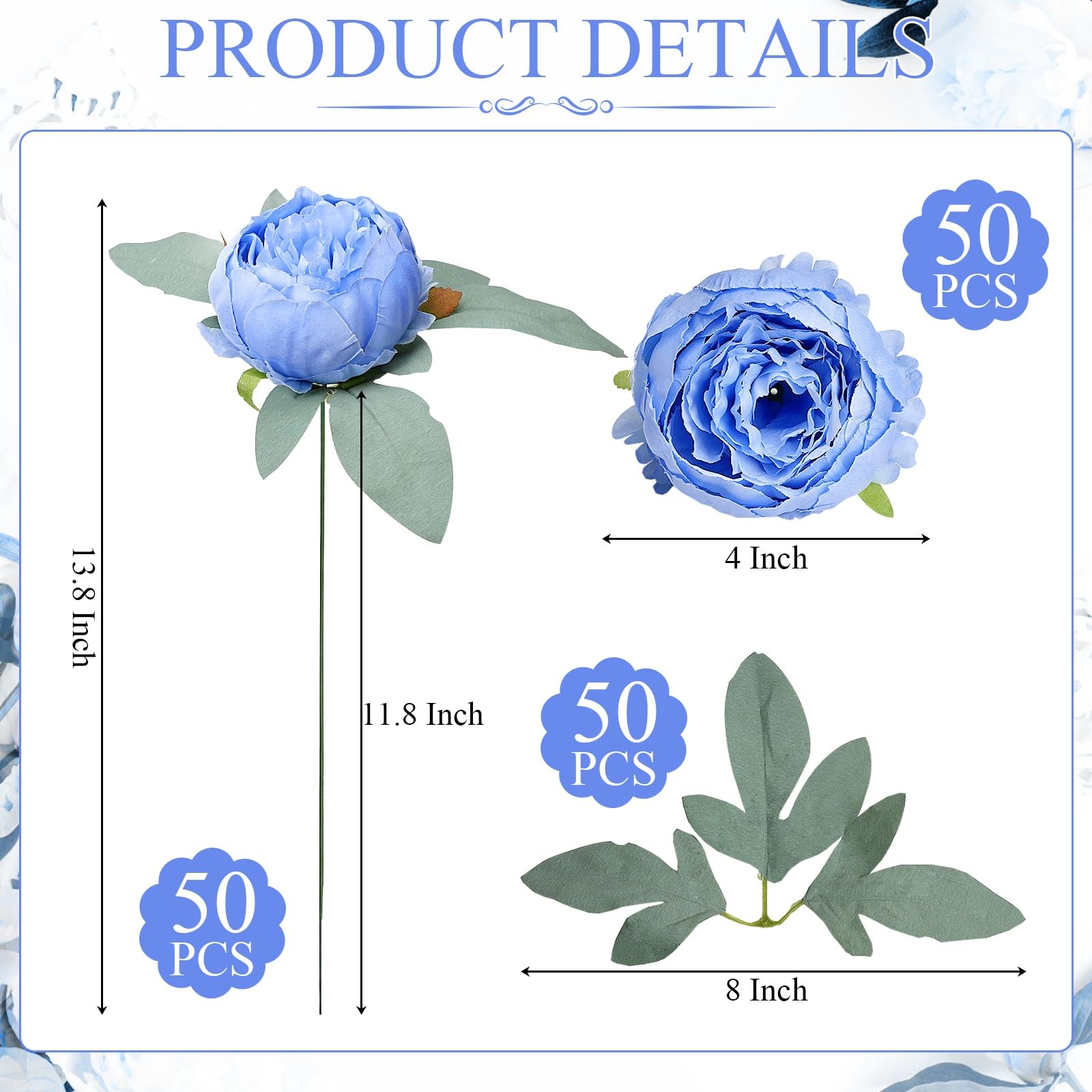 50 PCS Blue Artificial Peonies Fake Silk Flower Heads Table Wedding Decor 4″