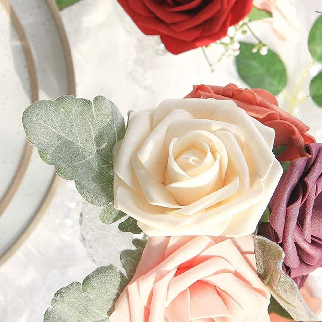 Artificial Flowers Champagne Roses W/Stem, Rustic Farmhouse Decor for Home We…