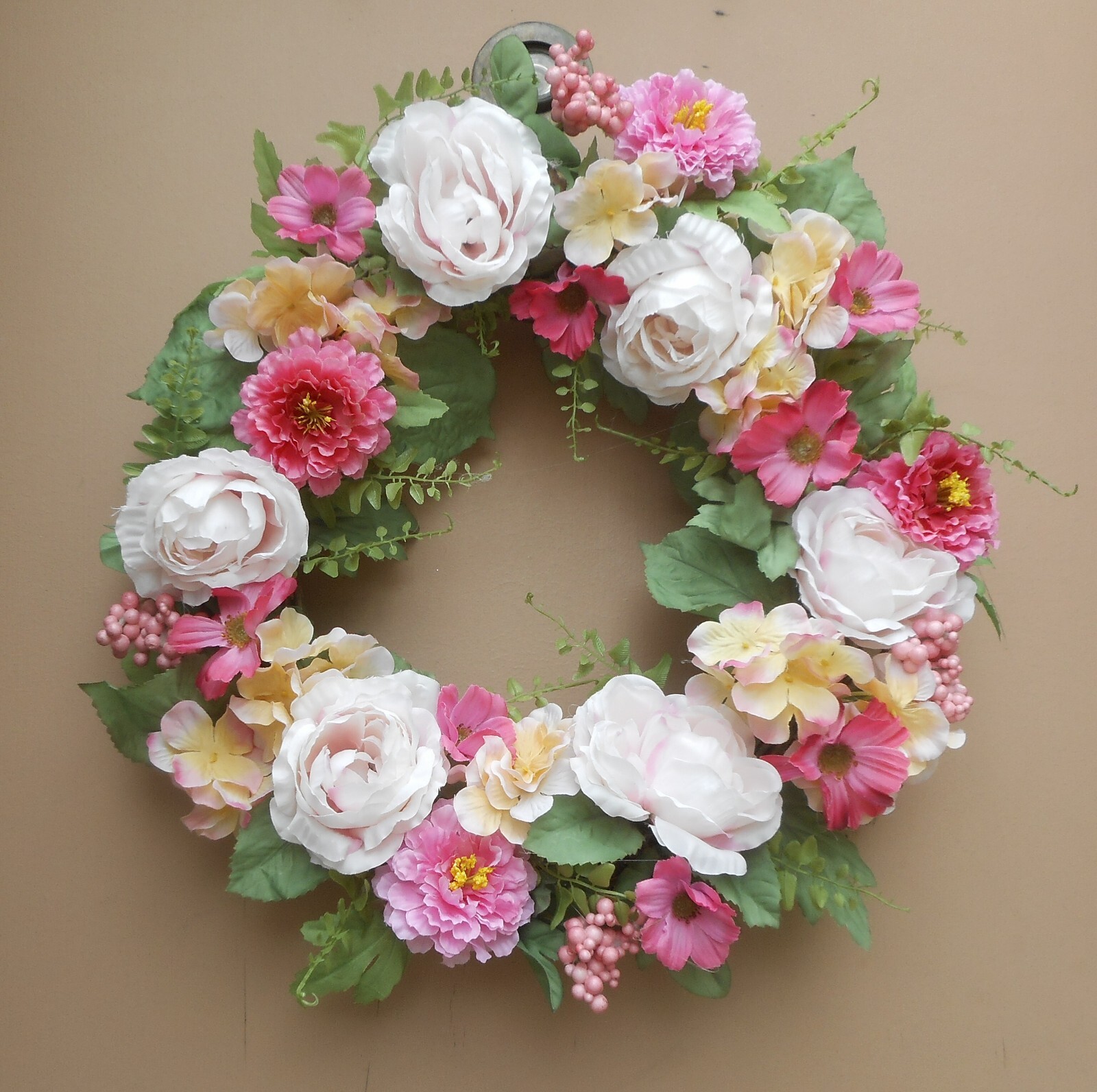17″ Pink Cosmos Zinnia Rose Berry Hydrangea Floral Summer Grapevine Door Wreath