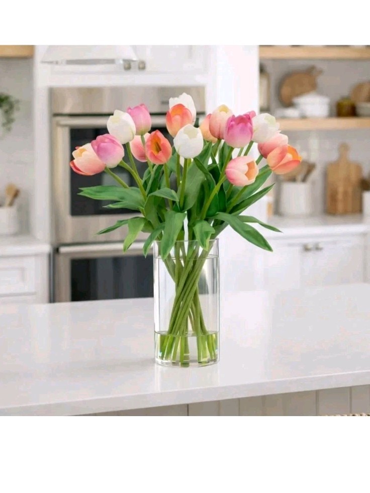 TULIPS FAKE ARTIFICIAL FLOWER FLORAL ARRANGEMENT SILK FLOWERS CERAMIC VASE NEW