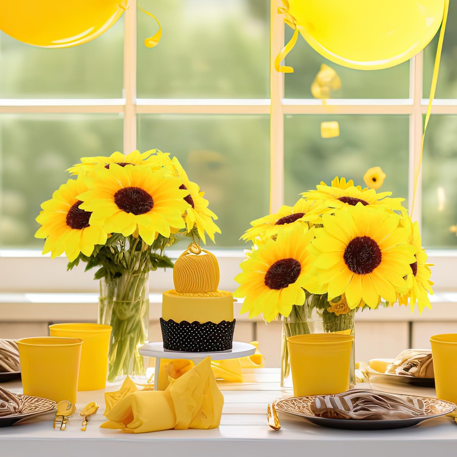 60 Pcs Artificial Sunflowers with Stems – 4 Inches Realistic Silk Fabric Flow…