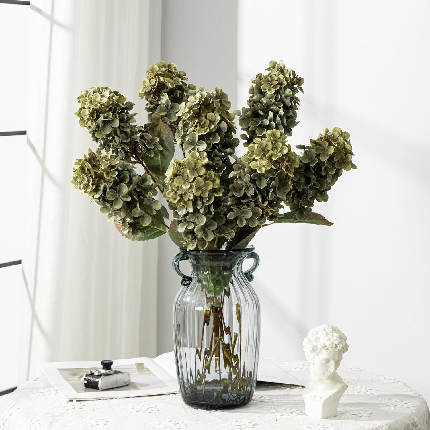 Green Silk Hydrangea Flowers – 8 Pcs Faux Fall Bouquet for Home Decor