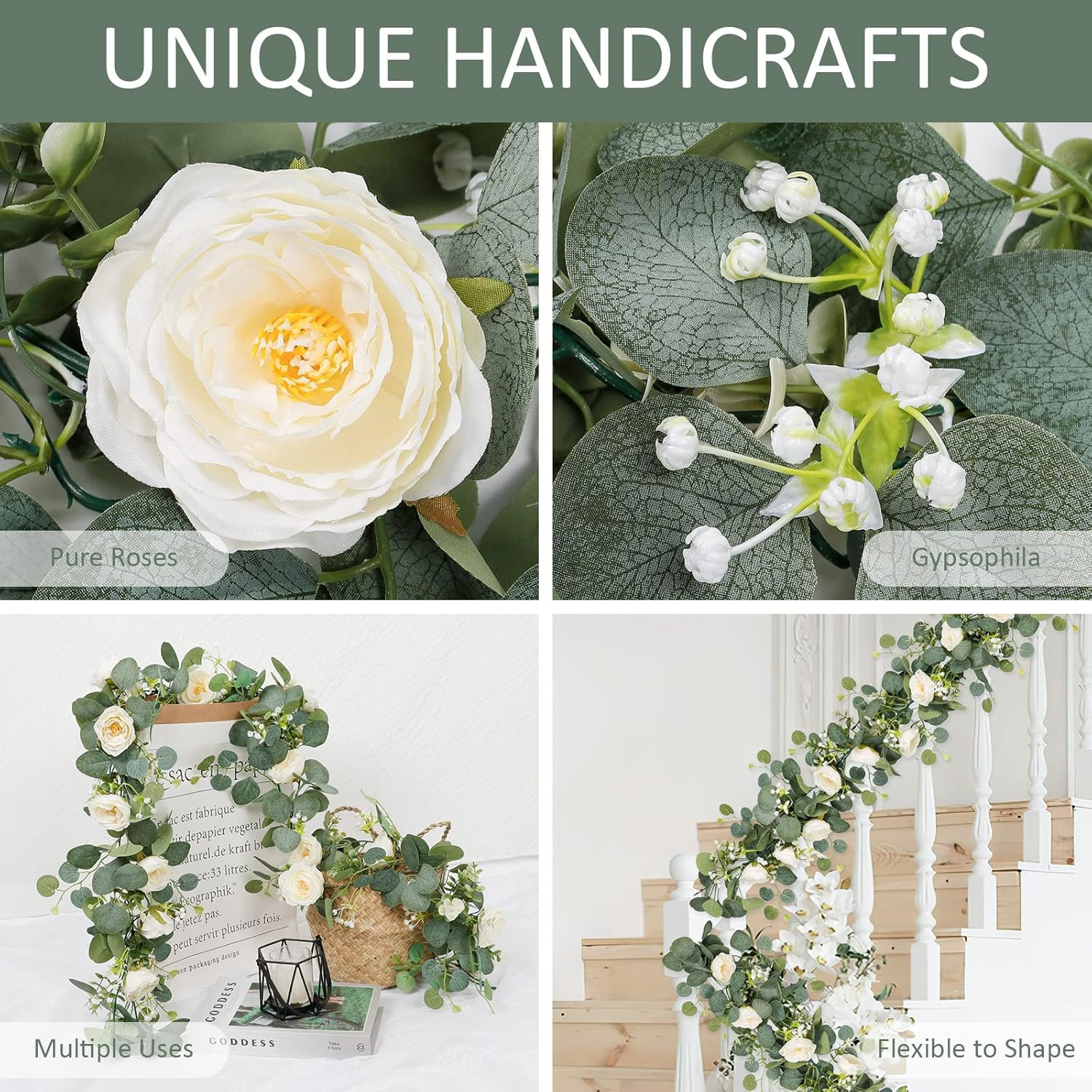 4 Pack Eucalyptus & White Rose Garland for Wedding & Home Decor