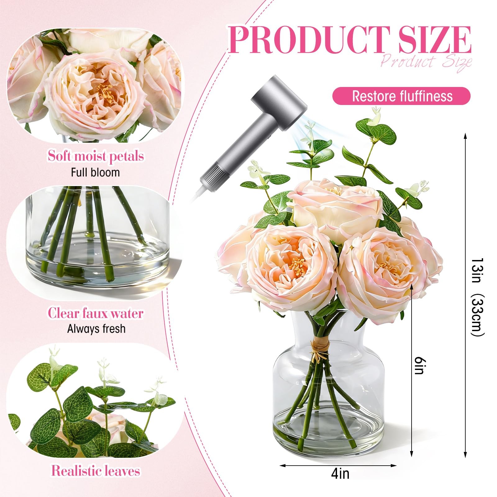 Real Touch Peonies Artificial Flowers Faux Austin Rose Vase Light Pink 6 PCS