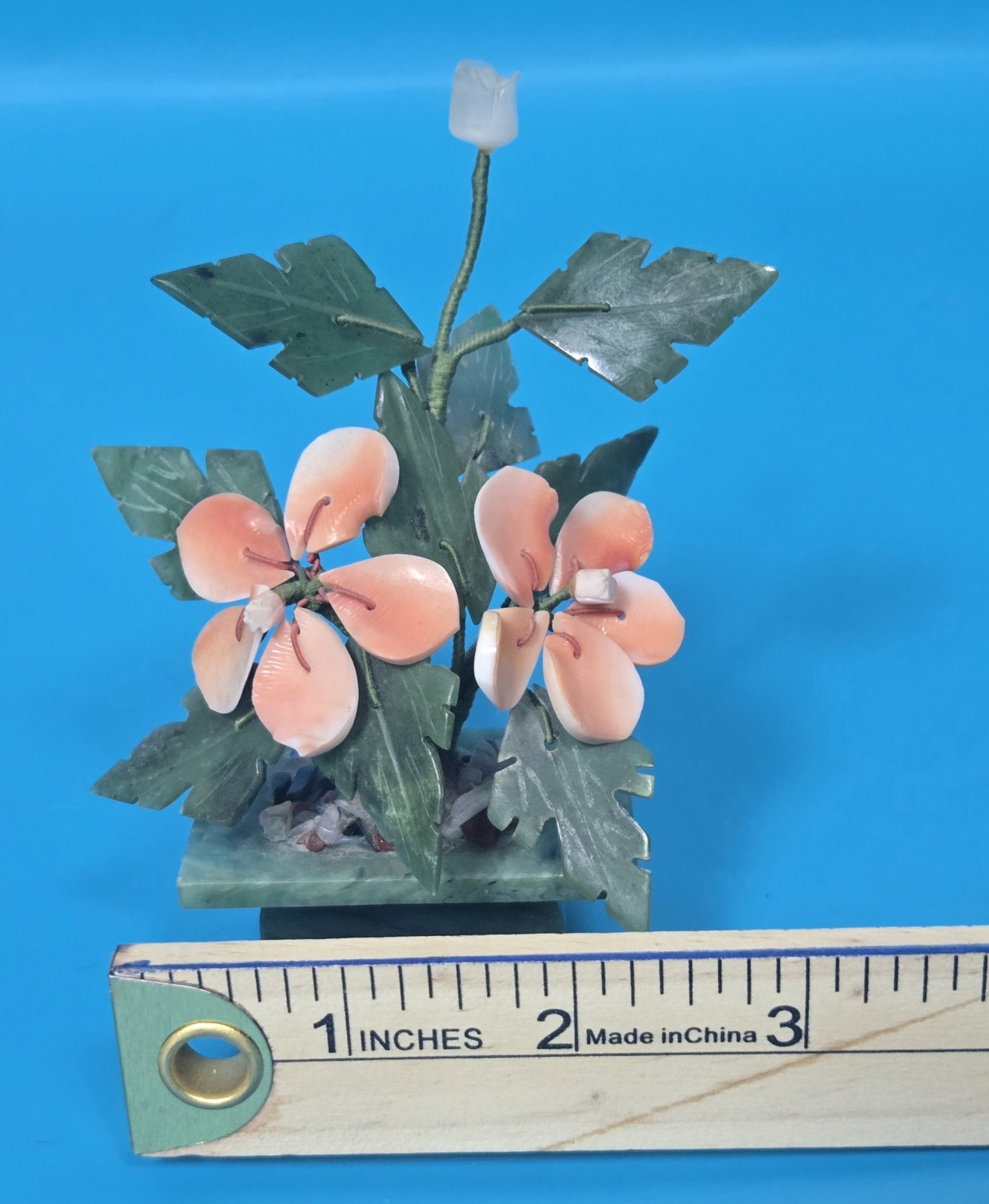 Vintage Jade & Shell Flower Arrangement – Handcrafted Bonsai-Style Floral Sculpt