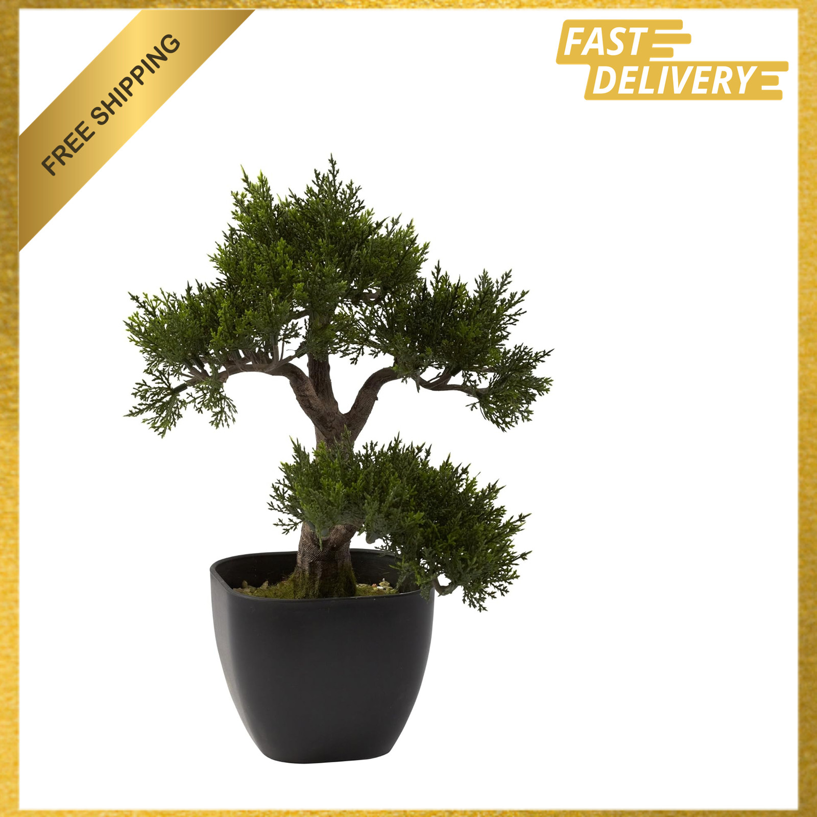 Artificial Cedar Bonsai Tree 15 Inch Green Polyester Blend Complete with Planter
