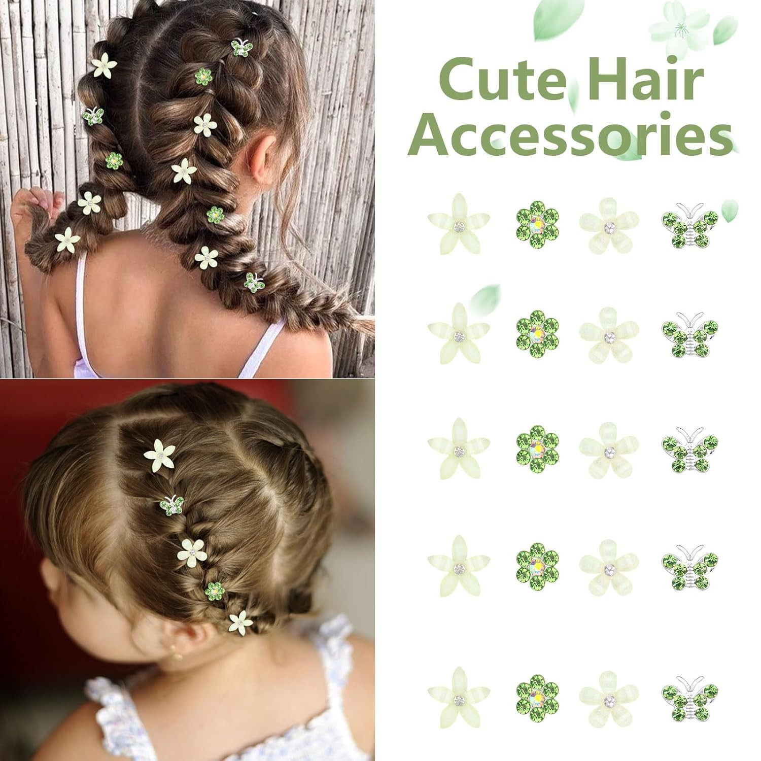 20 Pcs Mini Green Flower & Butterfly Rhinestone Hair Clips – Wedding & Bridal Ha