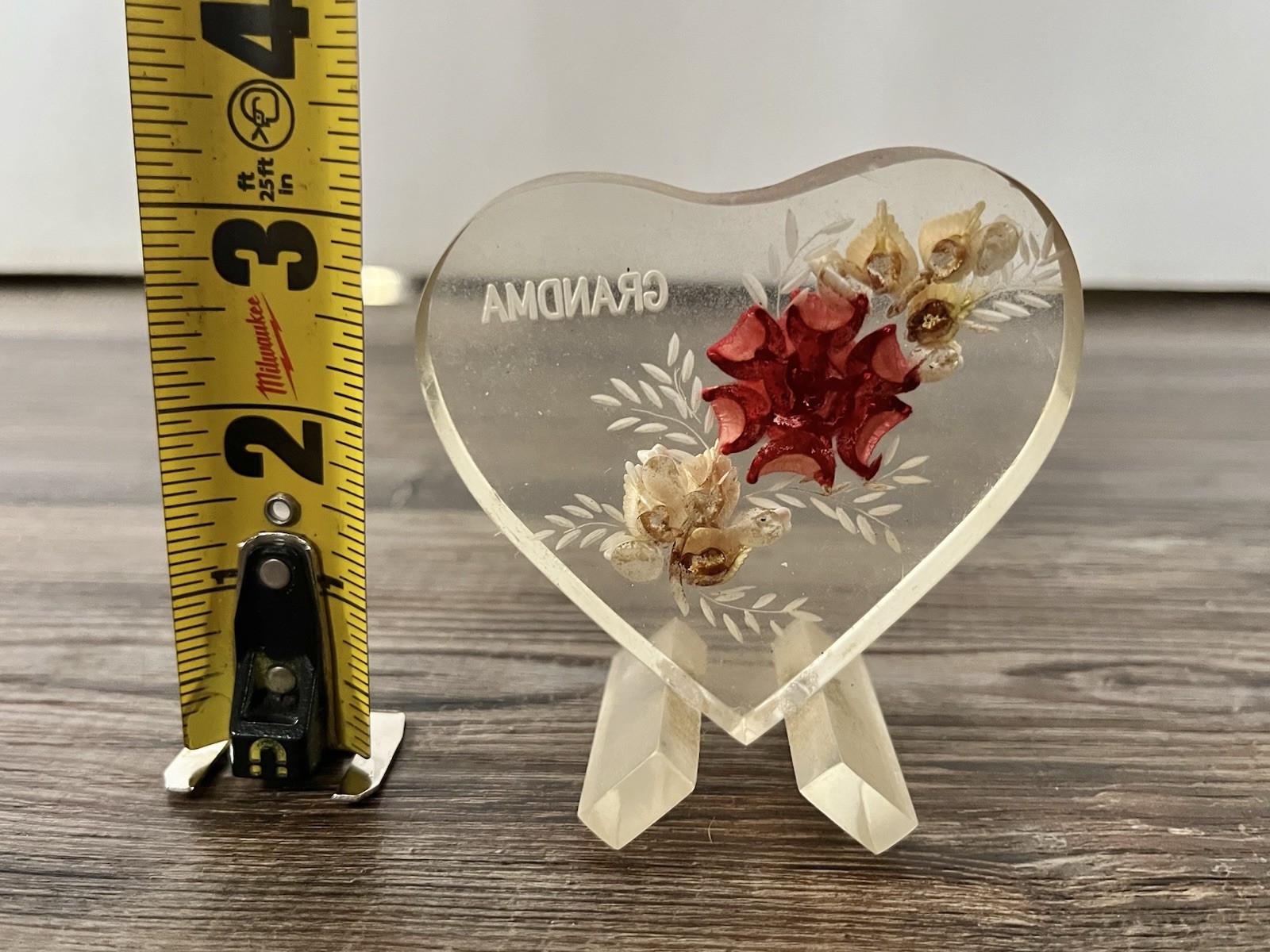 Vntg Grandma Rose Flower Floral Acrylic Heart Decor Trinket Mothers Day Birthday