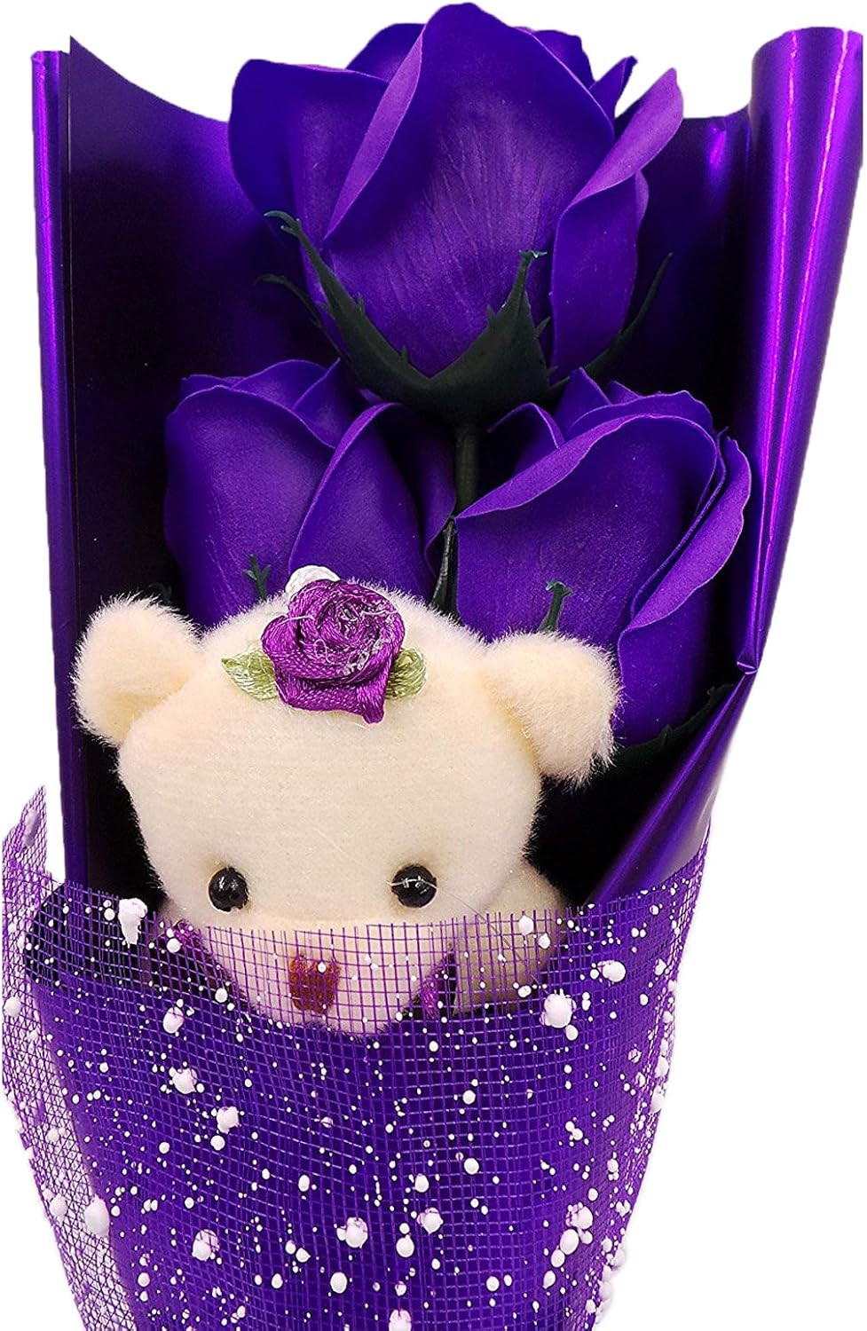 Flower Bouquet 3 Scented Soap Roses Gift Box with Cute Teddy Bear for Her Him Va