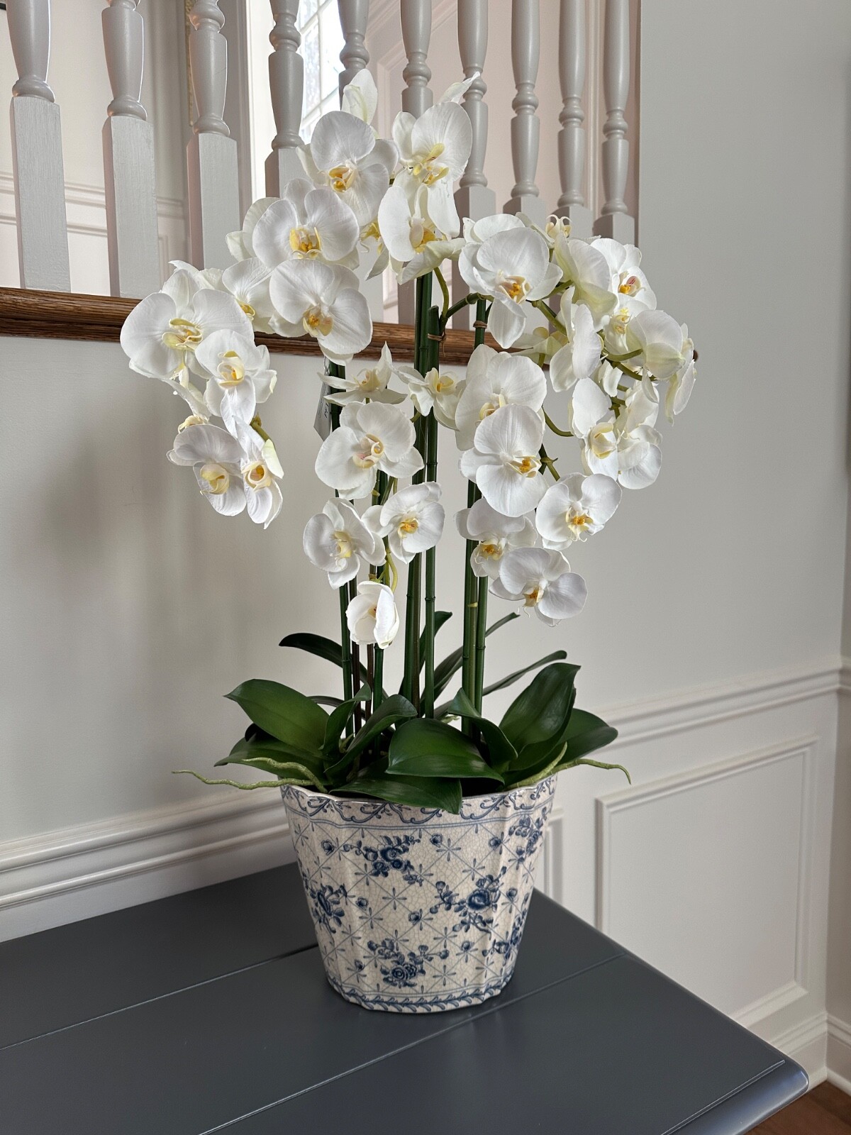 Faux White Orchids in Crackled Glazed Ivory & Blue Ceramic Cache Pot 32″x18″x11″