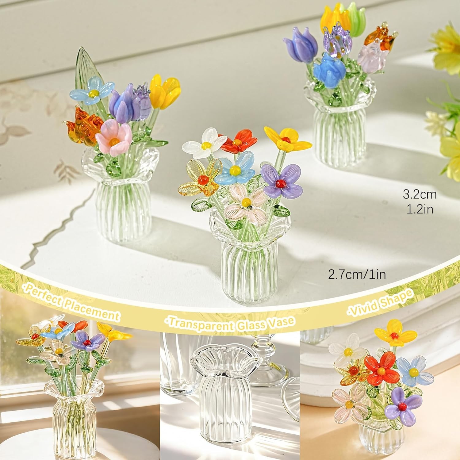 7 Pcs Blown Glass Flower Bouquet with Vase Mini Crystal Artificial Flowers fo…