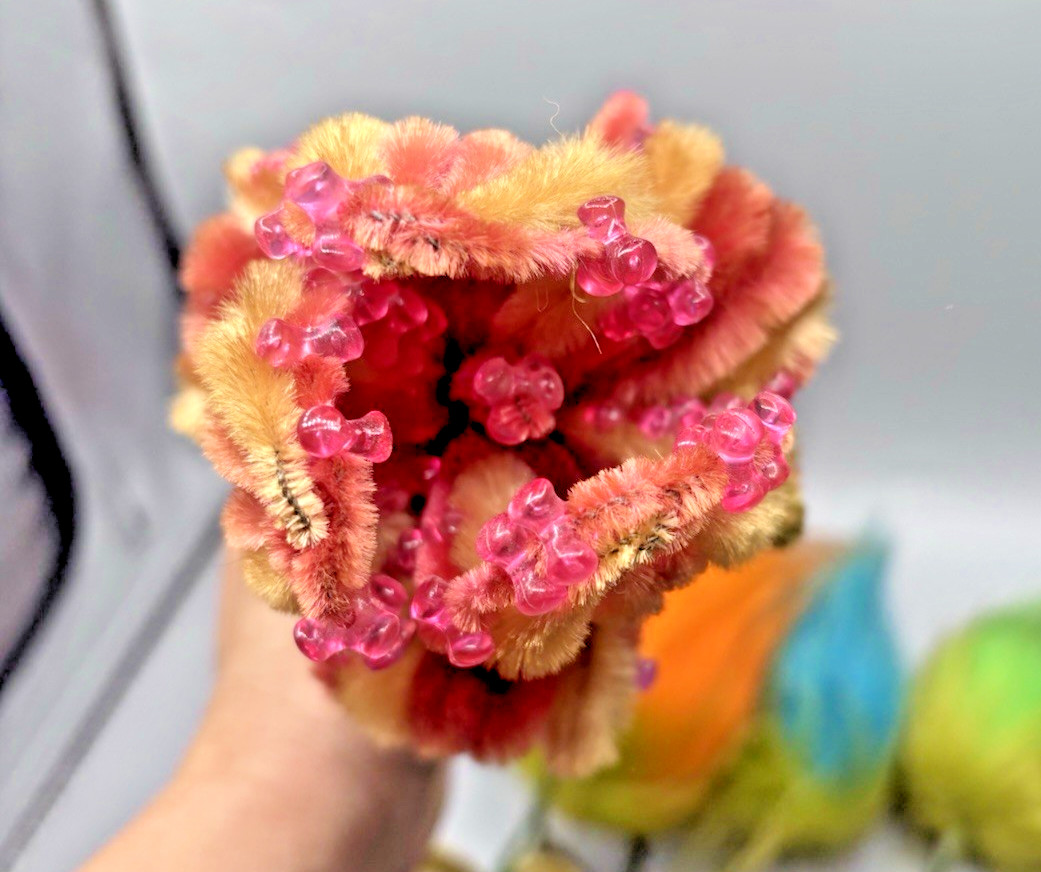 Vintage Handmade Flower Bouquet Beads Pipe Cleaner Troll Hair Whimsical Fantasy