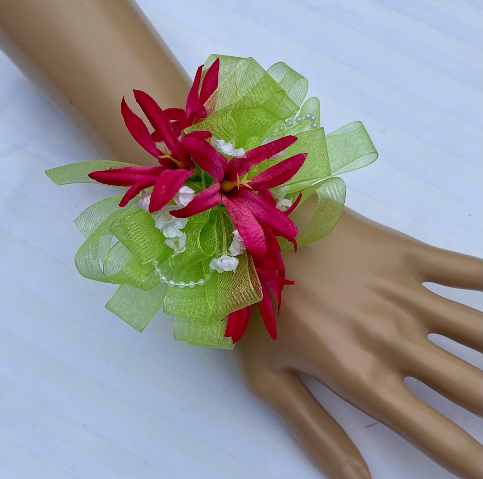 Hot Pink Watermelon Lime White Babies Breath Wrist Wedding Corsages Flowers